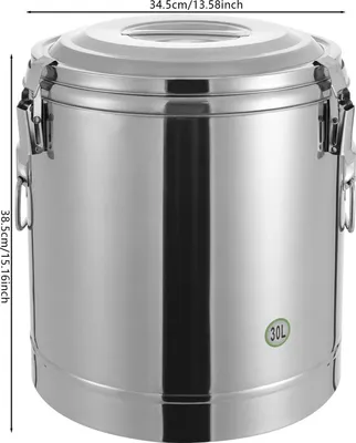 A stainless steel insulated food container with dimensions indicated.