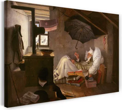 Produktbild von Leinwandbild (100x70cm): Carl Spitzweg - Der arme Poet, echter Holz-Keilrahmen inkl. Aufhänger, handgefertigt in Deutschland