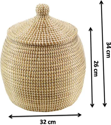 Zdjęcie produktu dla Kobolo kosz do przechowywania 34x32 cm naturalny wykonany z suszonej trawy morskiej owiniętej białym plastikiem. z pokrywą kosz węża kosz na pranie kosze pudełka pudełka pudełka
