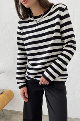 Produktbild von Damen-Pullover mit Rundhalsausschnitt, langärmelig, leicht, weich gestrickt, gestreift