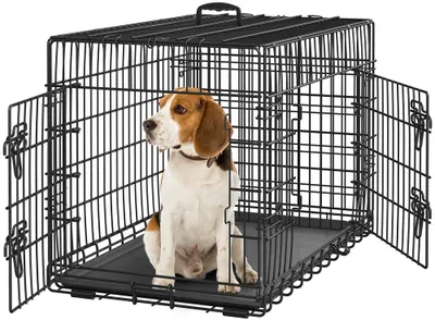 Produktbild von Yaheetech Hundekäfig 90 x 56 x 63 cm klappbar mit Trennwand, 2 Türen, Hundebox für zuhause mit ausziehbare Bodenschale, Transportkäfig Auto, Hundetransportbox Drahtkäfig für Hunde Welpe, L, Schwarz