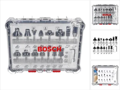 A set of router bits in a clear plastic case, with the Bosch logo prominently displayed.