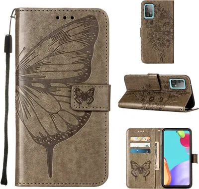 Produktbild von Galaxy A52 4G Hülle, Schmetterling Prägung Flip Leder Kartenfächer Schutzhülle Ledertasche mit Ständer für Samsung Galaxy A52 4G / 5G / A52S 5G Grau
