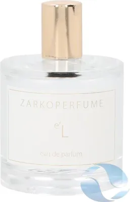 A clear studio shot of a perfume bottle with a gold cap.