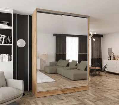 Produktbild von Schwebetürenschrank 2-türig 170x250x58 cm Eiche Wotan mit 2 Spiegeln – Moderner Kleiderschrank für Schlafzimmer und Flur