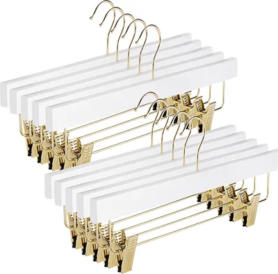 Produktbild von 10 Stück Holz Hosenbügel Platzsparender Robust Klemmbügel mit Clips und 360 Grad drehbarer Haken für Hosen, Shorts, Rock, Socken, Weiß