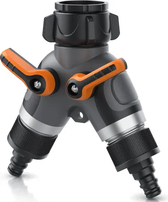 Produktbild von Brandson 2-Wege-Y-Verteiler, Wasserverteiler, 1 Zoll Eingang mit Adapter 3/4 Zoll, stufenlos regelbar, verstärkte Metallgewinde, Schnellkupplungen