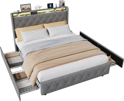 Obrázek produktu pro Postel Moonbite s úložným prostorem, rozměry 140x200 cm, šedá flanelová potahová látka, se 4 zásuvkami, USB a Type-C porty, LED osvětlením a integrovanými nočními stolky