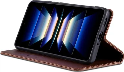 A smartphone in a brown leather flip case, displayed at an angle.
