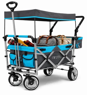 Produktbild von IMLEX Bollerwagen faltbar mit Dach IM-4268 Azurblau | Hohe Stabilität, 1X 3-Punkt Gurtsystem | Handwagen klappbar mit Schiebegriff ideal für 2 Kinder