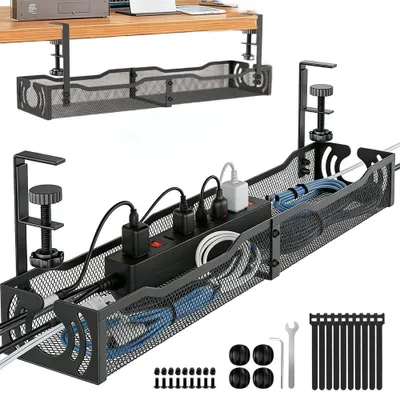 Produktbild von Kabelwanne unter Schreibtisch ohne Bohren, Metall Kabelkanal mit Klemme, Kabelmanagement für Steckdosenleisten & Netzteile