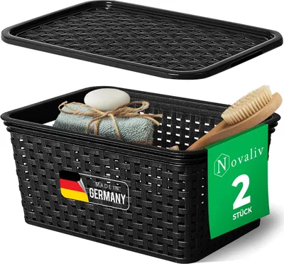 Produktbild von Novaliv 2er Set Eleganter Aufbewahrungskorb mit Deckel in Rattan-Optik | Schwarz Lebensmittelecht Kunststoff 5L – Perfekt für Bad & Kleidungsaufbewahrung. Aufbewahrungsbox Badezimmer Körbchen.