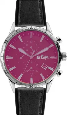 A close-up studio shot of a men's wristwatch with a pink dial and a black leather strap.