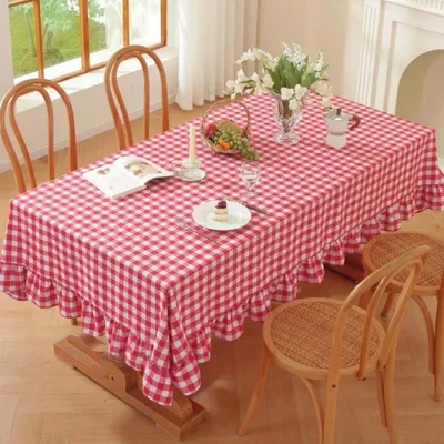 Zdjęcie produktu dla Ścierełka na stół, bawełna i len, z falbanką, 132x178 cm, czerwona i biała