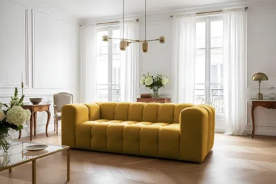 Produktbild von Sofa Designersofa SOLVIE 3-Sitzer in Stoff Tiffani Honiggelb