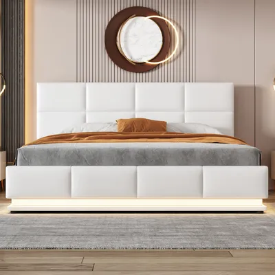 Produktbild von okwish LED-Polsterbett 160 x 200 cm, Lattenrost und Bettkasten aus Metall, Doppelbett mit höhenverstellbarem Kopfteil, hydraulische Lagerung, weiß (ohne Matratze)