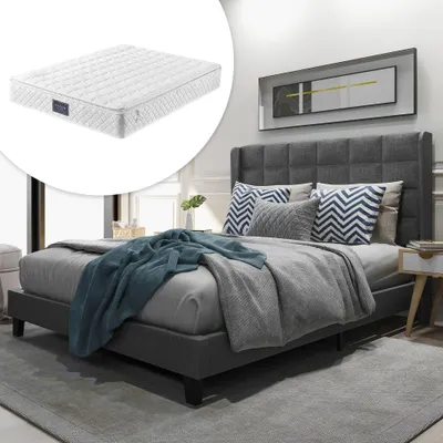 Immagine prodotto di Letto imbottito 140x200 cm, grigio, con testiera imbottita, rete a listelli e materasso a molle, rivestito in lino, ideale per la camera da letto