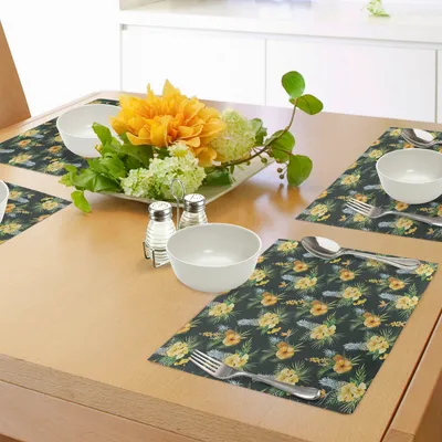 Produktbild von ABAKUHAUS Hawaii Platzmatten, Tropische Blumen blühende Frangipani Plumeria botanische Bouquet Ananas Obst, Tiscjdeco aus Farbfesten Stoff für das Esszimmer und Küch, Mehrfarbig