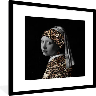 Produktbild von MuchoWow® Gerahmtes Poster Das Mädchen mit dem Perlenohrring - Pantherdruck - Johannes Vermeer 40x40 cm - Poster mit Schwarzem Bilderrahmen Wandposter Rahmen Foto Bilder - Poster - Plakat im Rahmen