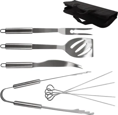 Produktbild von Orion Grillbesteck Grillset 8-teilig Grillzange, Grillwender, Fleischgabel, Grillspachtel + Doppelspieße 4 Stück | mit langen griffen Aufhänge-Ösen