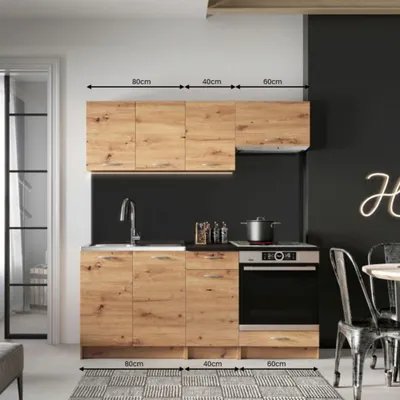 Productafbeelding van Keuken van 180 cm - met zwart aanrechtblad - in uitvoering "Artisan Eiken" - keukenunit - 6 keukenkasten - keukenblok - keuken voor één persoon - MELA