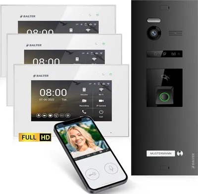 Produktbild von HD Video Türsprechanlage mit Fingerprint RFID und Smartphone App für 1 Familienhaus, 3x Monitore, Balter EVO HD Fingerprint