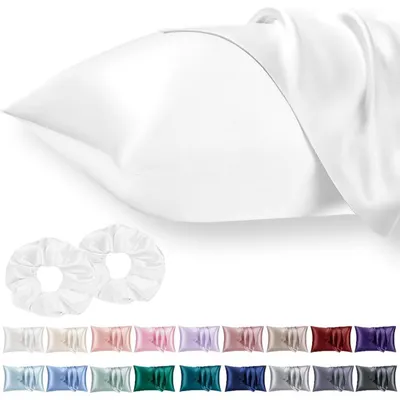Immagine prodotto di Set di 2 federe in raso, 50x75 cm, colore bianco, con 2 elastici per capelli