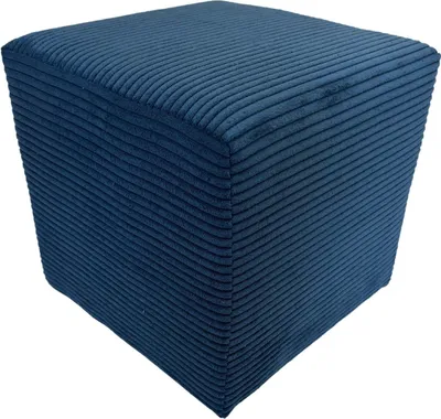 A blue corduroy ottoman is shown against a white background.