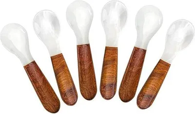 Productafbeelding van Houten lepelset, 6 stuks, 10 cm. Perlmutterkleurige kaviaarschep