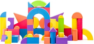 A collection of colorful foam building blocks arranged in a playful structure against a white background.