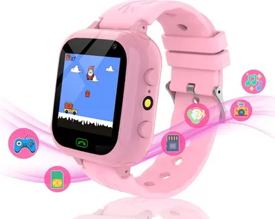 A pink smartwatch is displayed with various feature icons surrounding it, suggesting its capabilities.