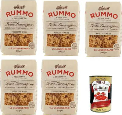 Produktbild von Rummo Fusillotti N°155 Pasta Lenta Lavorazione Teigwaren aus Hartweizengrieß Bronze-Zeichnung 5x 500g + Italian Gourmet polpa 400g
