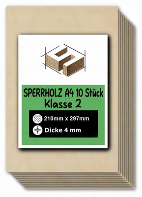 Produktbild von Rechteckige Birkensperrholzplatten zum Basteln und Bemalen – Lasergravur, Laserschnitt, CNC-Fräsen, Modellbau, Laubsägearbeiten, Brandmalerei und Decoupage – Klasse 2 – A4, 21 × 29,7 cm (210 × 297 mm) – 4 mm – 10 Stück