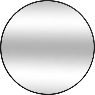 A round mirror with a black metal frame is shown against a white background.