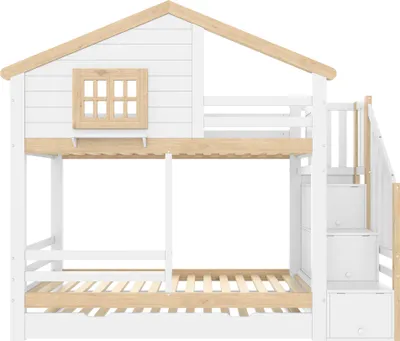 Produktbild von Flieks Etagenbett 90x200cm mit Ausziehbett, Kinderbett Hausbett mit Treppe und Schubladen, Hochbett Holzbett Stockbett mit Rausfallschutz