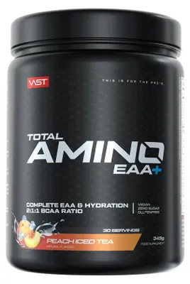 Produktbild von VAST Sports Total Amino EAA+, Puder, L-Citrullin, L-Histidin, L-Isoleucin, L-Leucin, L-Lysin, L-Methionin, L-Phenylalanin, L-Threonin,..., Pfirsich, 2:1:1, 12,2 g, Dose