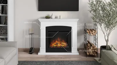 A white electric fireplace with a black insert, featuring a realistic flame effect, is shown in a living room setting. It is surrounded by decorative elements like a bookshelf, a plant, and a log holder.