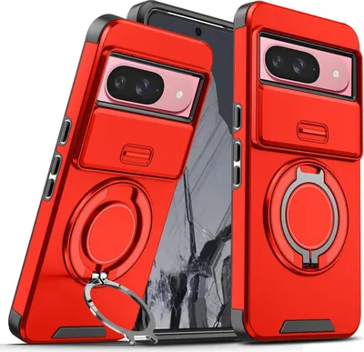 Image de Étui double couche pour Goolge Pixel 10 / Pixel 10 Pro, avec couvercle coulissant pour l'appareil photo et support magnétique en forme d'anneau Rouge