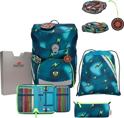 A collection of school supplies including a backpack, pencil case, and drawstring bag, all with a lightning bolt and car theme.