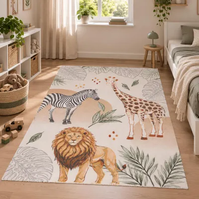 Produktbild von Kinder Teppich Maui Kids Giraffe Zebra Löwe Safari Zoo, Größe:120x170 cm, KI-generiertes Bild