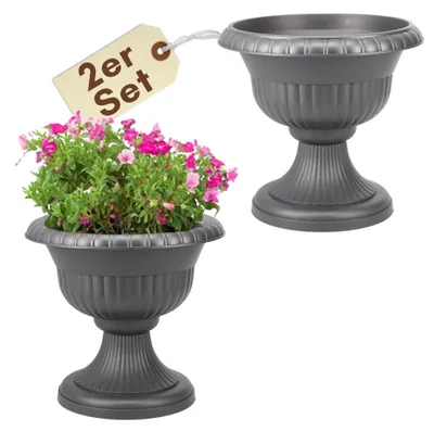Produktbild von 2er Set Blumentopf mit Ständer Blumensäule mit Standfuß Pflanzensäule mit Sockel Blumenständer für Draußen Pflanzenständer Outdoor Pflanztopf Grabvase Grau 30 cm
