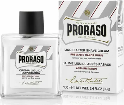 A bottle of Proraso Liquid After Shave Cream and its packaging are displayed against a white background.