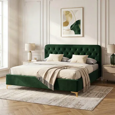 Produktbild von Polsterbett GLAMOUR mit edlem Samtbezug in grün Doppelbett Bettgestell 140x200 cm im Barockstil, inkl. Lattenrahmen