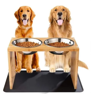 Immagine prodotto di Cuccia per cani in legno con 2 ciotole in acciaio inossidabile e tappetino antiscivolo - 435 x 23 x 30 cm