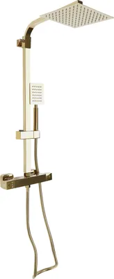 A gold shower system with a rain shower head and a handheld shower head, mounted on a white background.