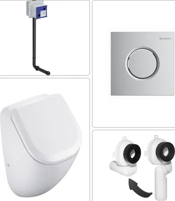 Produktbild von VIGOUR DERBY Urinal spülrandlos Pissoir mit SoftClose Deckel und Geberit Rohbauset und Drückerplatte, chrom