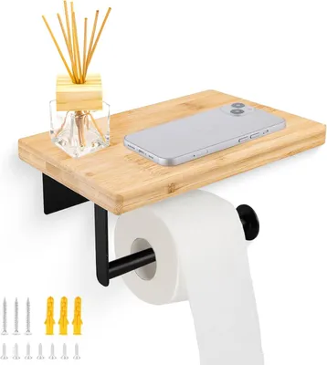 Produktbild von Toilettenpapierhalter, Holz, Ohne Bohren, Mit Regal, Bambus, Edelstahl Kombination