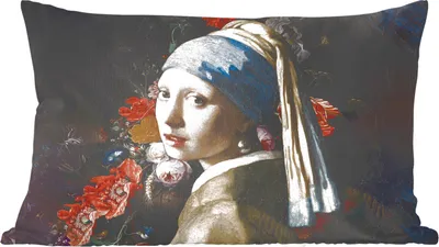 Produktbild von MuchoWow® Zierkissen Sofakissen Wohnzimmer Dekokissen 50x30 cm Das Mädchen mit dem Perlenohrring - Vermeer - Blumen - Wohnzimmerdekoration - Polster mit Photo