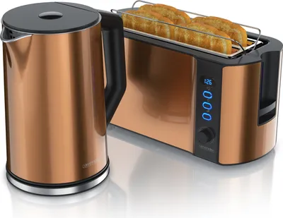 Produktbild von Arendo Frühstücksset 2-teilig, 1,5L Wasserkocher Edelstahl, 1500W Langschlitz Toaster FRUKOST, Kupfer