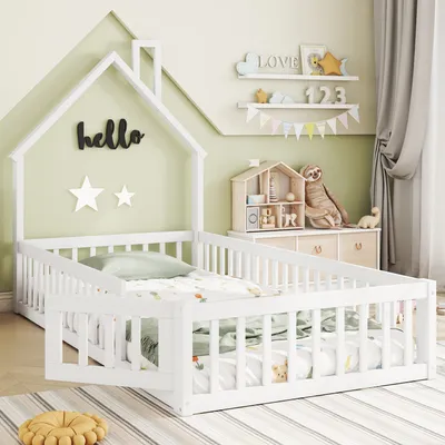 Produktbild von Flieks Kinderbett Hausbett 90x200cm mit Lattenrost, Bodenbett mit Rausfallschutz und Tür, Einzelbett Holzbett für Kinderzimmer, Spielbett Weiß